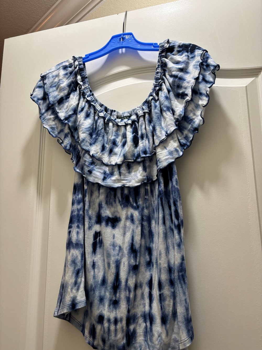 Lauren Ralph Lauren Blue and White Tie-Dye Ruffle Off-Shoulder Top